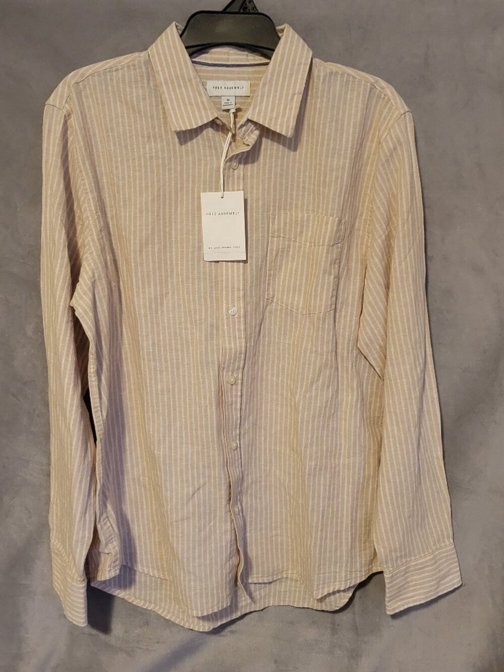 Free Assembly Tan and White Striped Long Sleeve Shirt Men's M Linen Blend NWT
